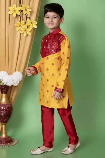 embroidery & sequins work dupion silk kurta and pajama set for boys