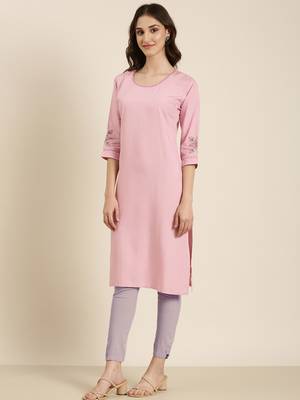 women's knee length round neck pink solid straight kurta 5