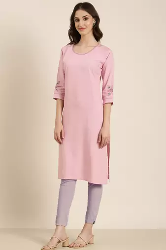 women's knee length round neck pink solid straight kurta