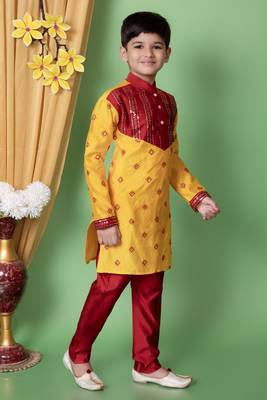 embroidery & sequins work dupion silk kurta and pajama set for boys 4