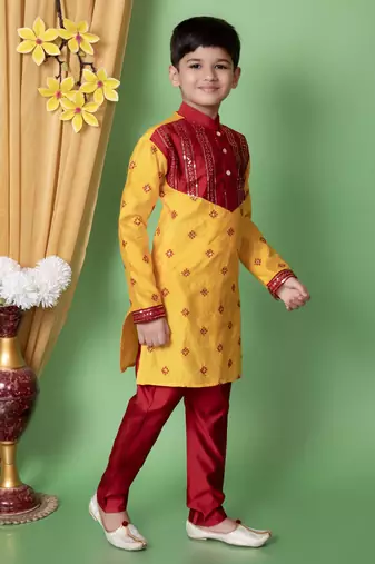 embroidery & sequins work dupion silk kurta and pajama set for boys