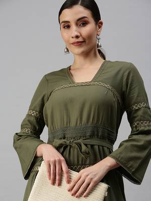 women's calf length square neck olive solid anarkali kurta 1