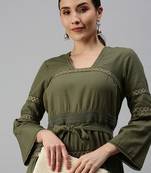 women's calf length square neck olive solid anarkali kurta