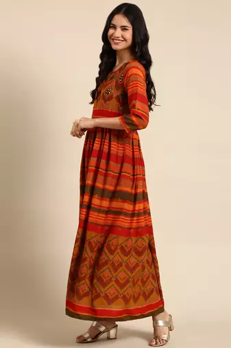 women's ankle length round neck multi tribal anarkali kurta