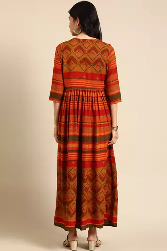 women's ankle length round neck multi tribal anarkali kurta
