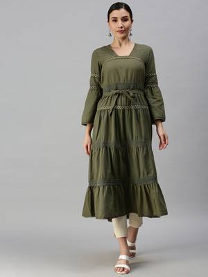 women's calf length square neck olive solid anarkali kurta 2