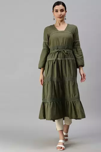 women's calf length square neck olive solid anarkali kurta