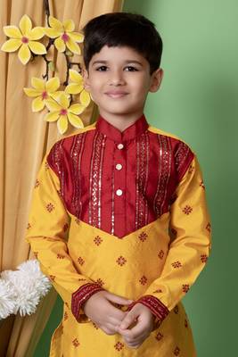 embroidery & sequins work dupion silk kurta and pajama set for boys 5