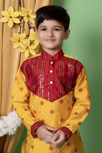embroidery & sequins work dupion silk kurta and pajama set for boys