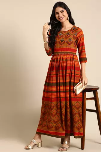 women's ankle length round neck multi tribal anarkali kurta