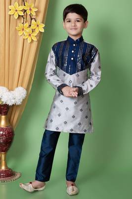 embroidery & sequins work dupion silk kurta and pajama set for boys 1