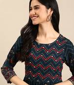 Showoff women's ankle length round neck navy blue chevron anarkali kurta