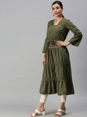 women's calf length square neck olive solid anarkali kurta 3