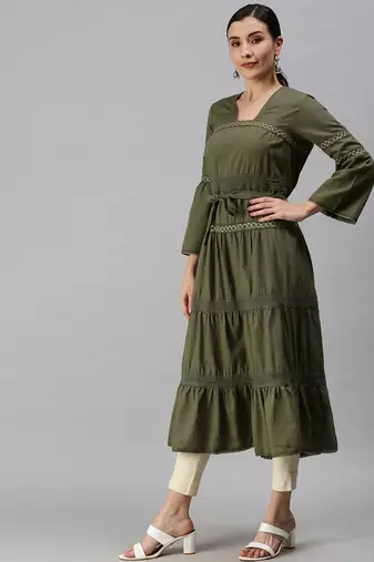 women's calf length square neck olive solid anarkali kurta