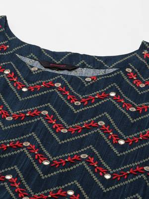 Showoff women's ankle length round neck navy blue chevron anarkali kurta 2