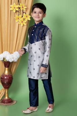 embroidery & sequins work dupion silk kurta and pajama set for boys 3