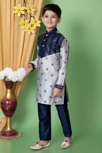 embroidery & sequins work dupion silk kurta and pajama set for boys