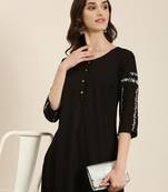 women's calf length round neck black solid straight kurta