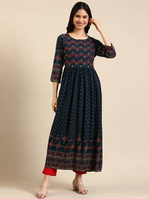 Showoff women's ankle length round neck navy blue chevron anarkali kurta 4