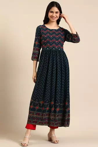 Showoff women's ankle length round neck navy blue chevron anarkali kurta