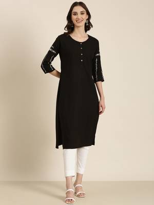 women's calf length round neck black solid straight kurta 2