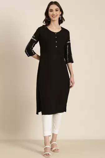 women's calf length round neck black solid straight kurta