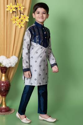 embroidery & sequins work dupion silk kurta and pajama set for boys 4