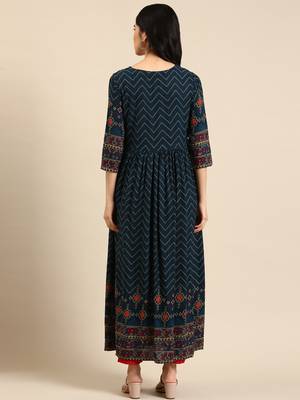 Showoff women's ankle length round neck navy blue chevron anarkali kurta 5