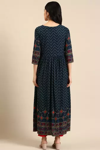 Showoff women's ankle length round neck navy blue chevron anarkali kurta