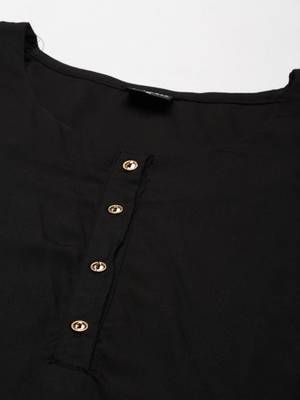 women's calf length round neck black solid straight kurta 3
