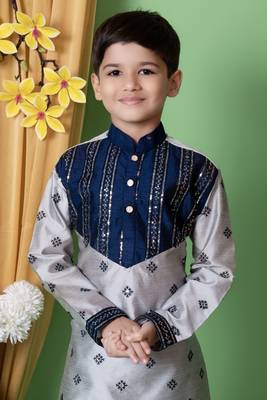 embroidery & sequins work dupion silk kurta and pajama set for boys 5