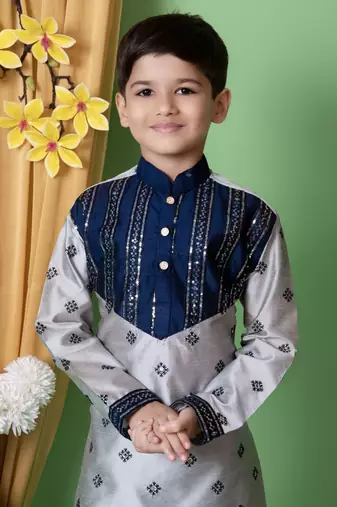 embroidery & sequins work dupion silk kurta and pajama set for boys