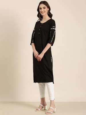 women's calf length round neck black solid straight kurta 5