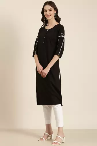 women's calf length round neck black solid straight kurta