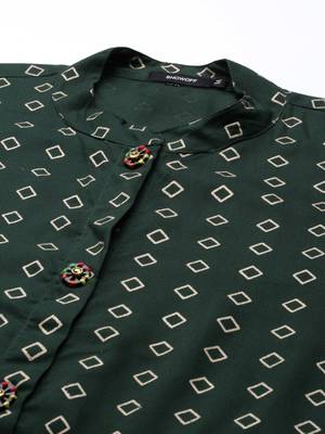 Showoff women's calf length mandarin collar green geometric straight kurta 2