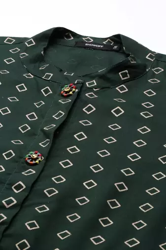 Showoff women's calf length mandarin collar green geometric straight kurta