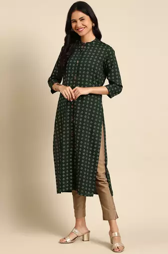 Showoff women's calf length mandarin collar green geometric straight kurta
