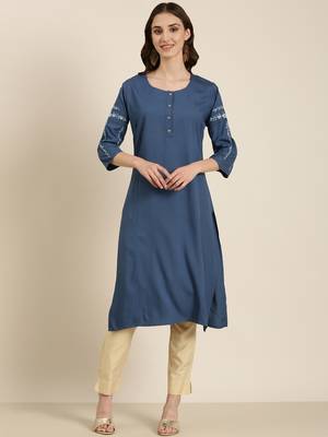 women's calf length round neck blue solid straight kurta 1