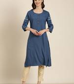 women's calf length round neck blue solid straight kurta