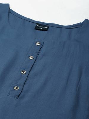 women's calf length round neck blue solid straight kurta 3