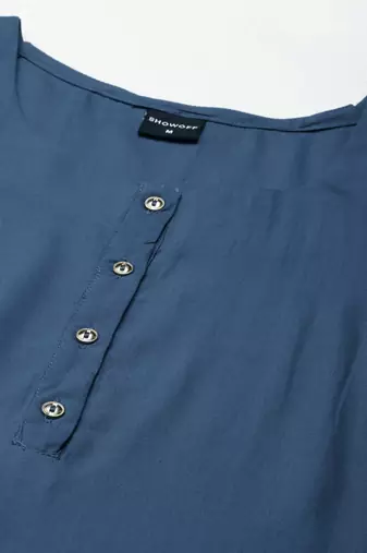 women's calf length round neck blue solid straight kurta