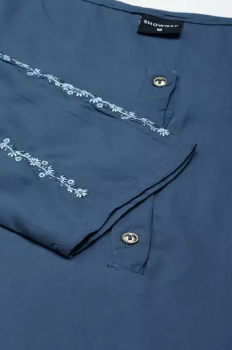 women's calf length round neck blue solid straight kurta