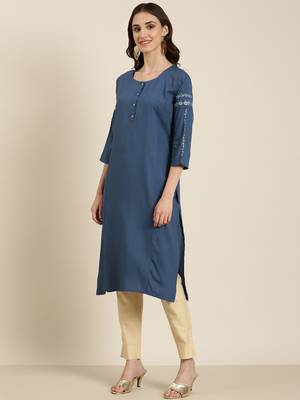 women's calf length round neck blue solid straight kurta 5