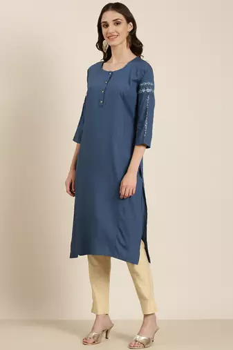women's calf length round neck blue solid straight kurta