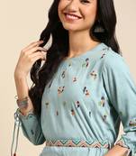 women's calf length round neck turquoise blue ethnic motifs straight kurta
