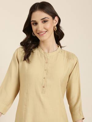 women's calf length mandarin collar beige solid straight kurta 2