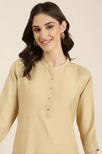 women's calf length mandarin collar beige solid straight kurta