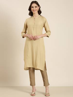 women's calf length mandarin collar beige solid straight kurta 1