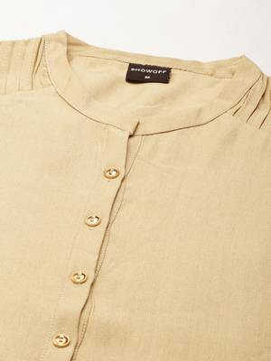 women's calf length mandarin collar beige solid straight kurta 3