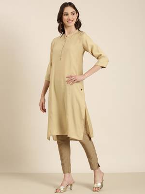 women's calf length mandarin collar beige solid straight kurta 4